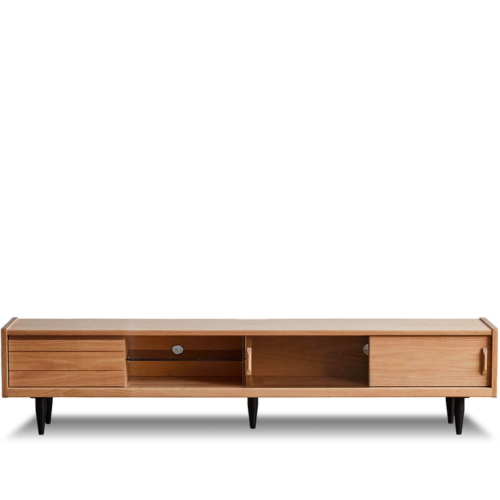Scandinavian oak wood tv console lyne in white background.