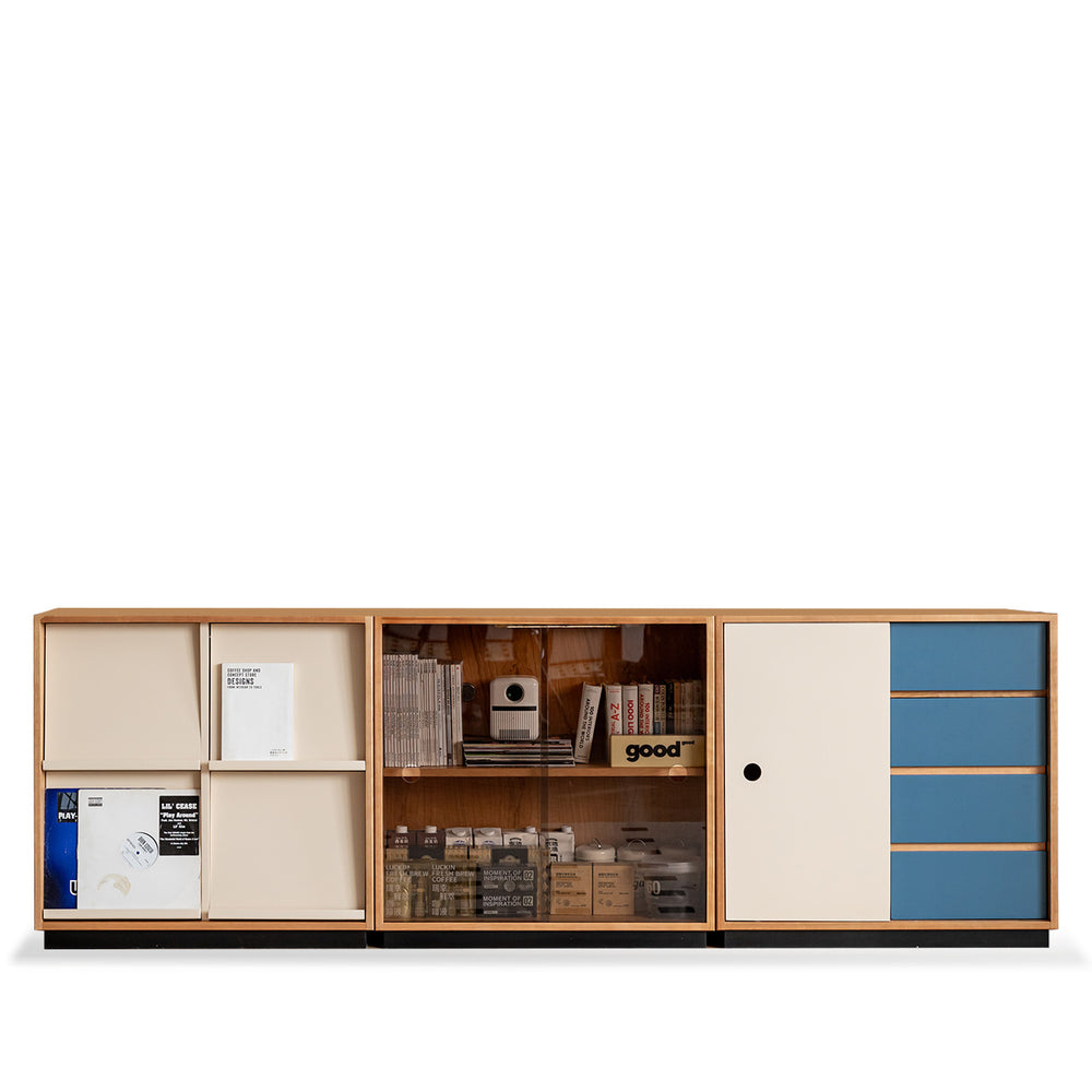 Scandinavian cherry wood modular cabinet time in white background.