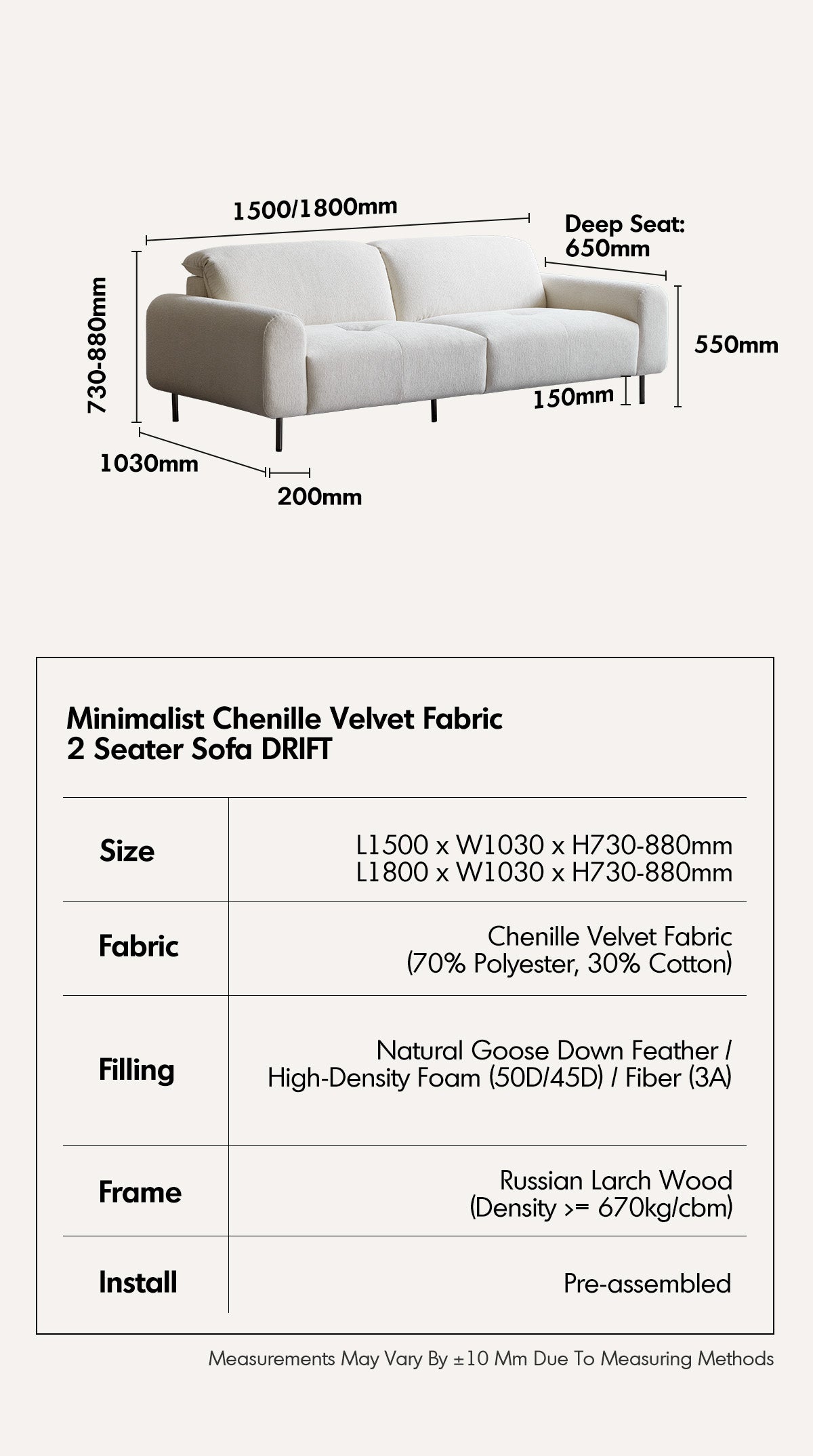 Minimalist Chenille Velvet Fabric 2 Seater Sofa DRIFT Good to Know - 17