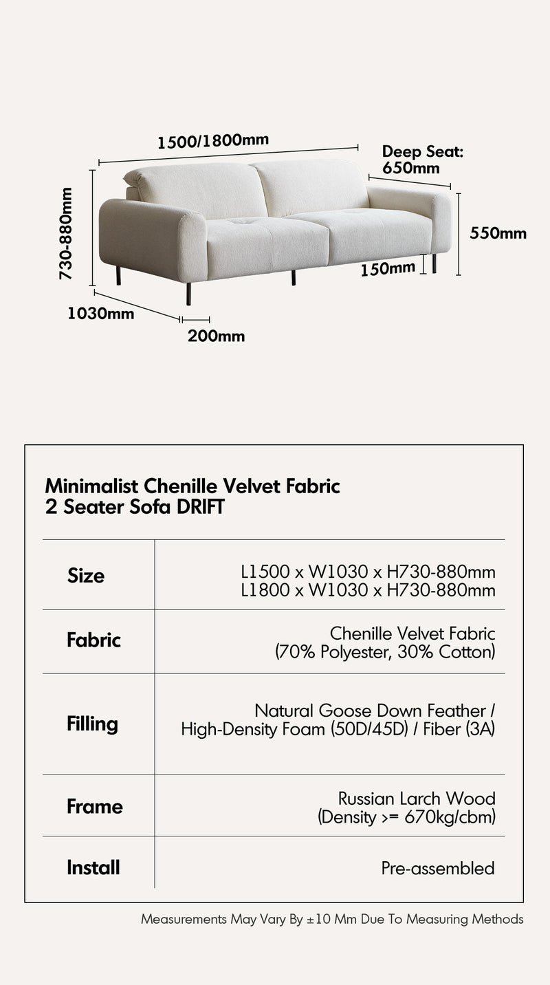 Minimalist Chenille Velvet Fabric 2 Seater Sofa DRIFT Good to Know - 17