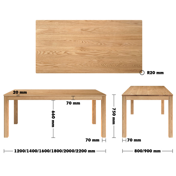Scandinavian Wood Dining Table ROTTER Size Chart