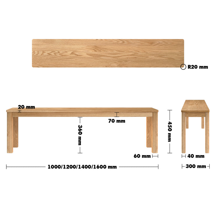 Scandinavian Wood Dining Bench ROTTER Size Chart