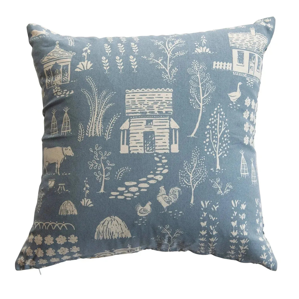 20" square cotton pillow w/ farm print & printed back, blue â© in white background.