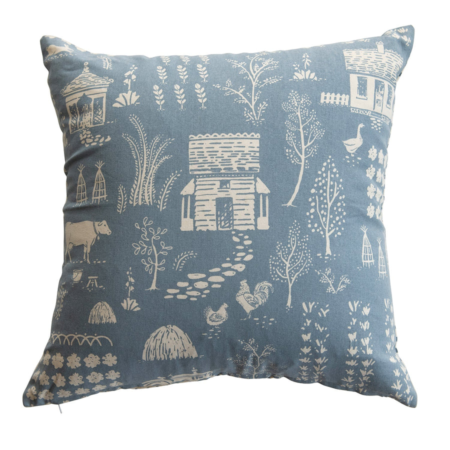 20" square cotton pillow w/ farm print & printed back, blue © in white background.
