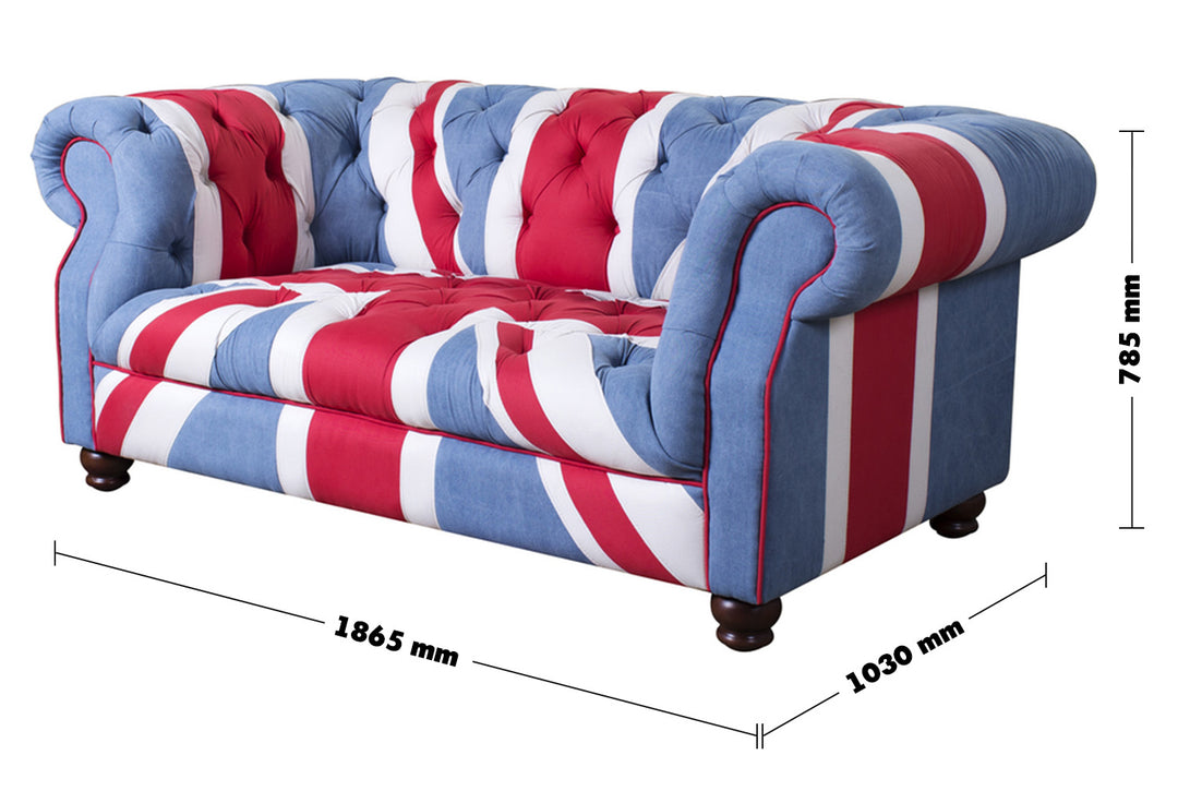 Vintage Denim Fabric 2 Seater Sofa UNION JACK CHESTERFIELD Size Chart