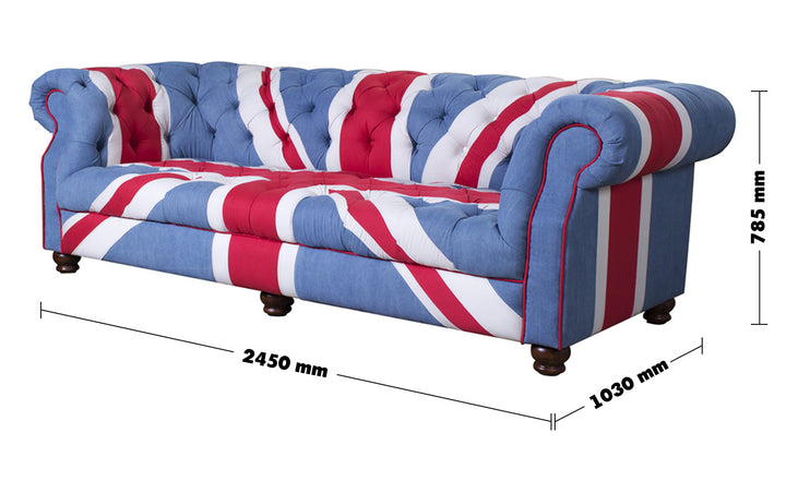 Vintage Denim Fabric 3 Seater Sofa UNION JACK CHESTERFIELD Size Chart