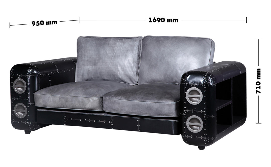 Vintage Aluminium Leather 2 Seater Sofa BLACK AIRCRAFT Size Chart