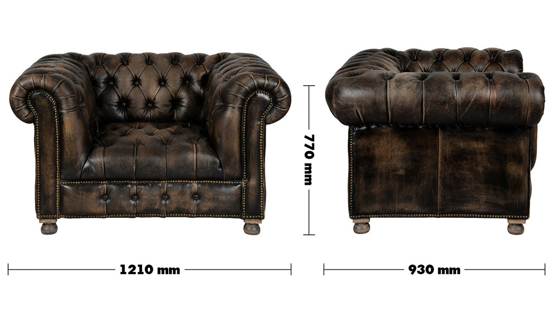 Vintage Genuine Leather 1 Seater Sofa CHESTERFIELD BUTTON Size Chart