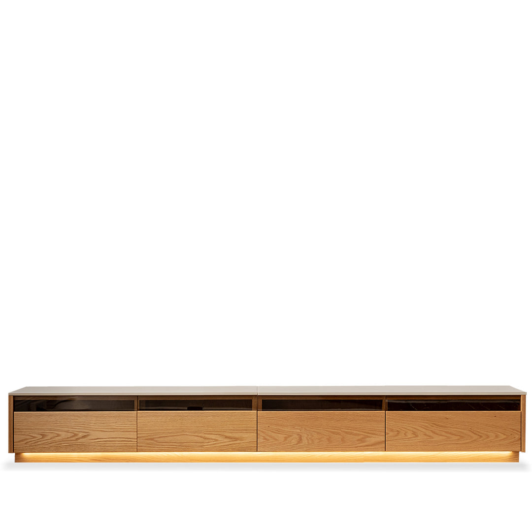 Scandinavian oak wood tv console floating light color swatches.