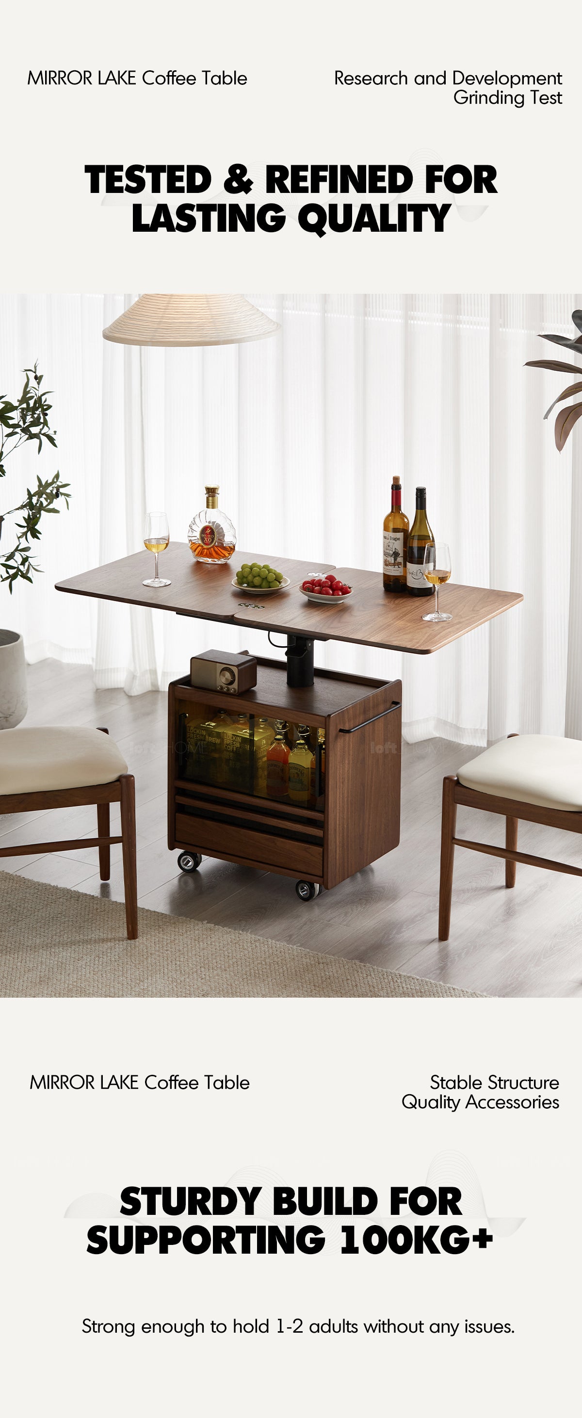 Japandi Walnut Wood Extendable Height Adjustable Coffee Table MIRROR LAKE Good to Know - 11