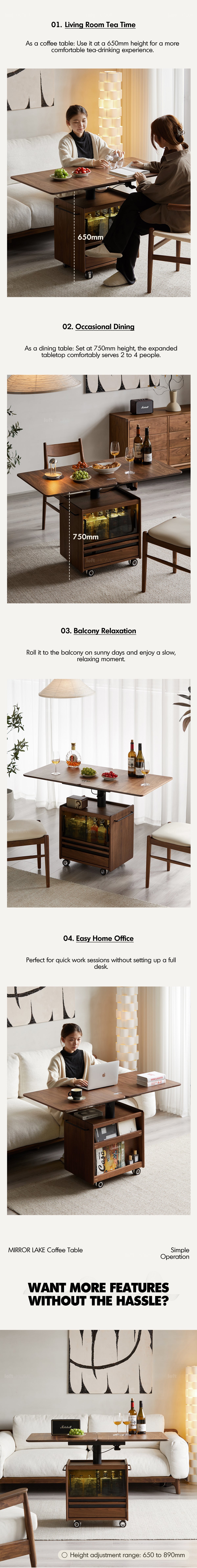 Japandi Walnut Wood Extendable Height Adjustable Coffee Table MIRROR LAKE Good to Know - 3