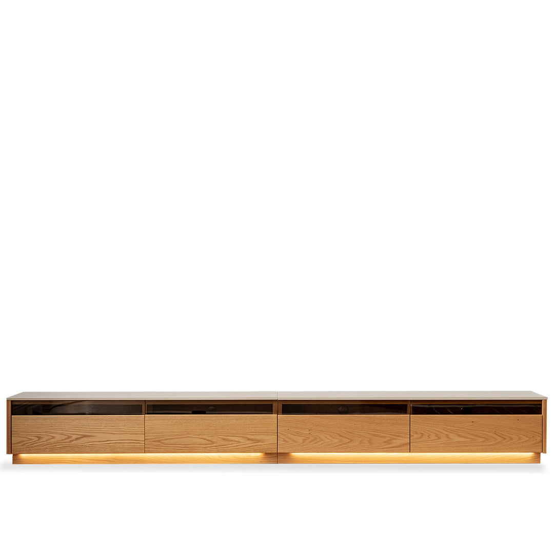 Scandinavian oak wood tv console floating light in white background.