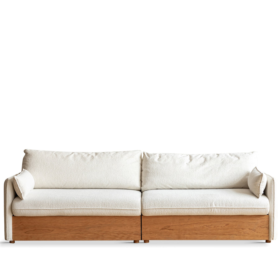 Japandi boucle fabric pine wood storage 4 seater sofa kangaroo in white background.