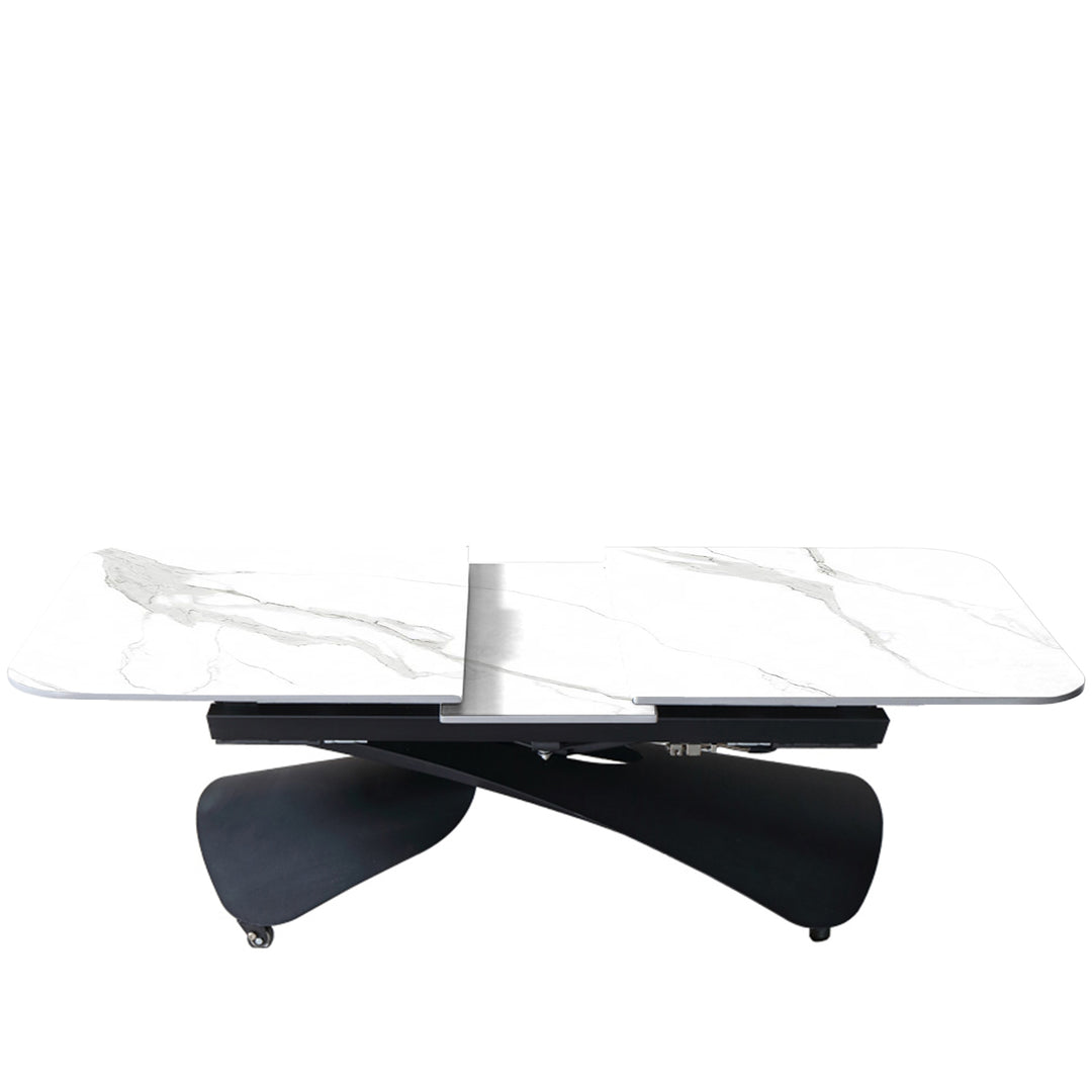 Modern extendable sintered stone coffee x dining table mateo layered structure.