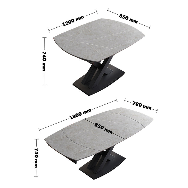 Modern Extendable Sintered Stone Dining Table LUVIA Size Chart
