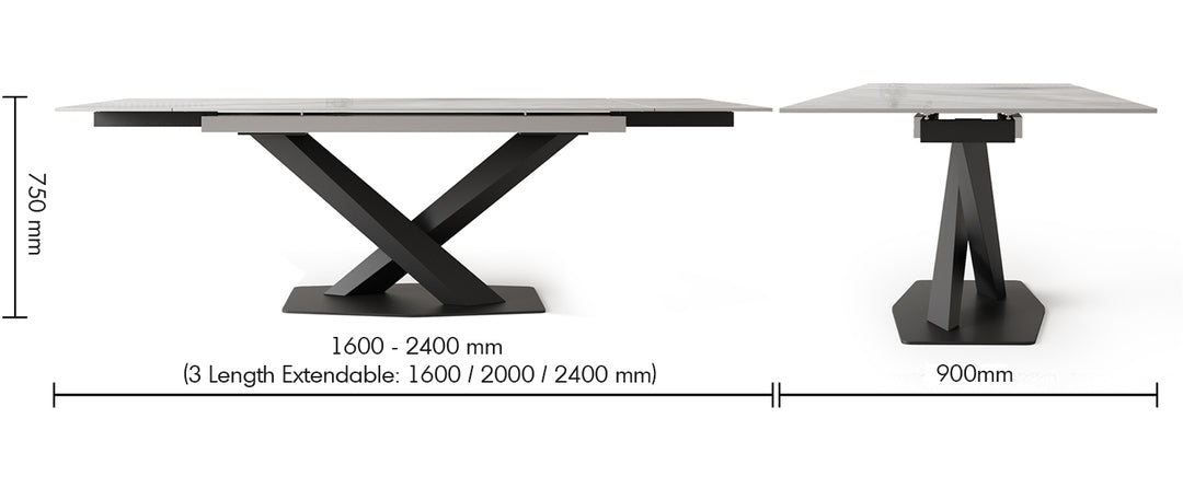 Modern Extendable Sintered Stone Dining Table STRATOS Size Chart