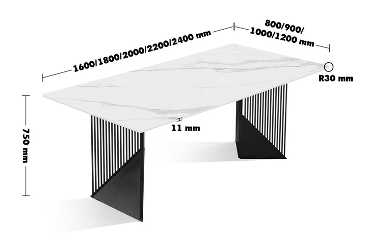 Modern Sintered Stone Dining Table OBSIDIAN Size Chart