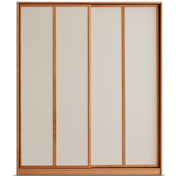 Scandinavian cherry wood sliding door wardrobe kangaroo in white background.