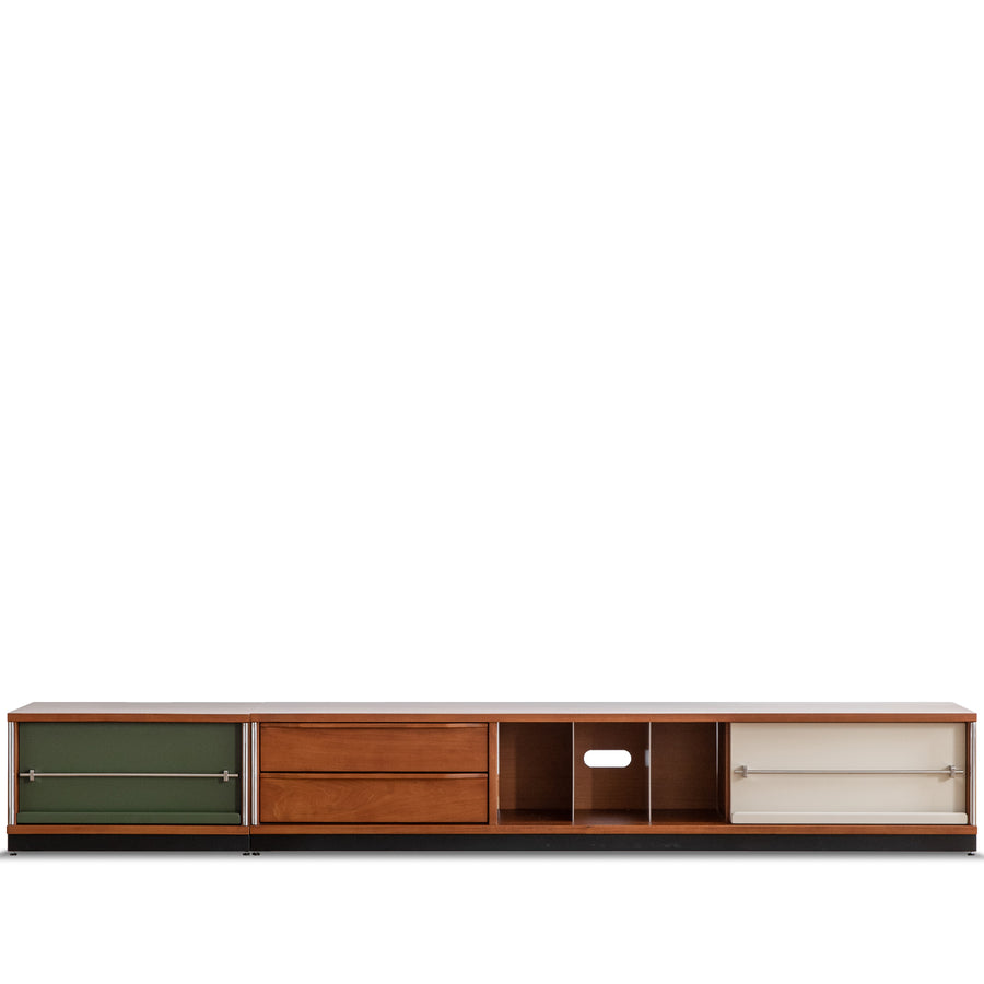 Vintage boxwood modular tv console silver wing in white background.