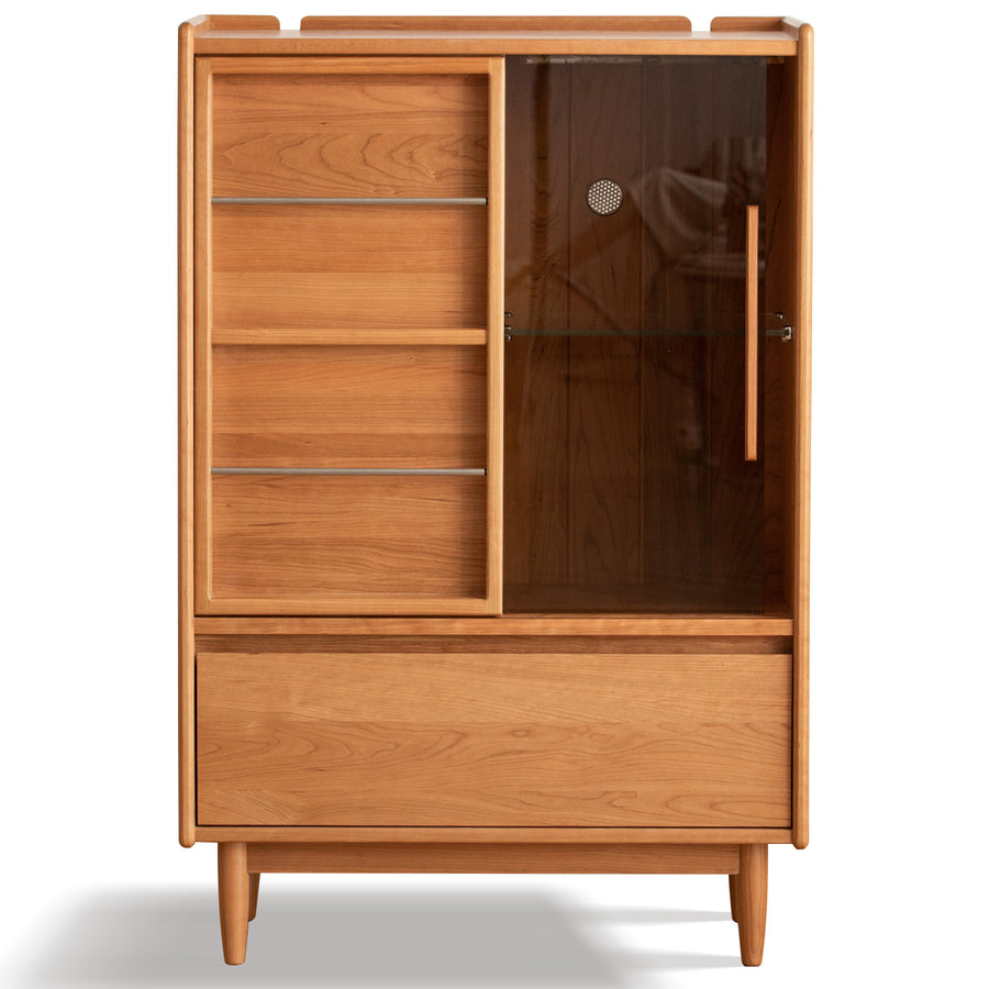Scandinavian cherry wood side cabinet vista in white background.