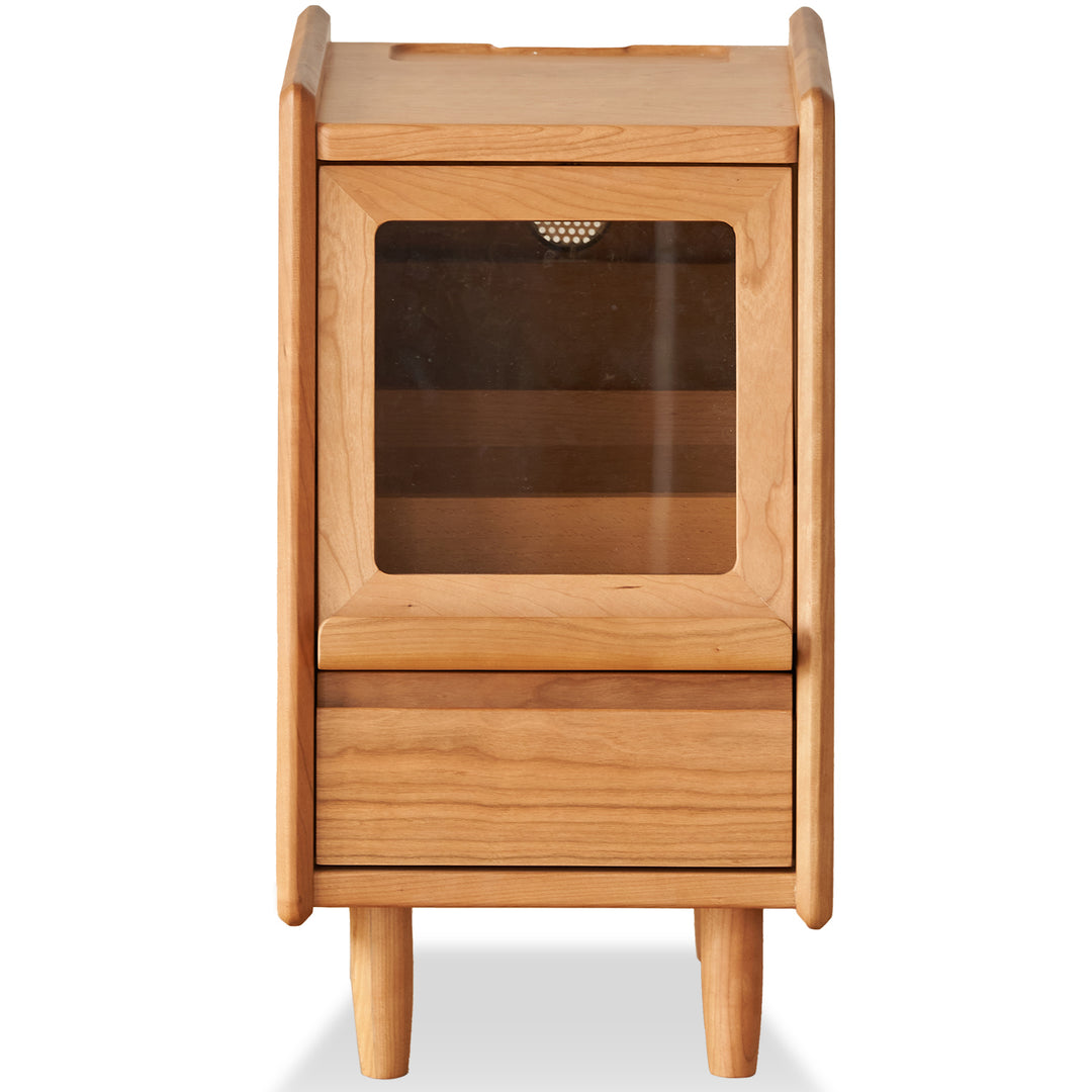 Scandinavian cherry wood side table shell in white background.
