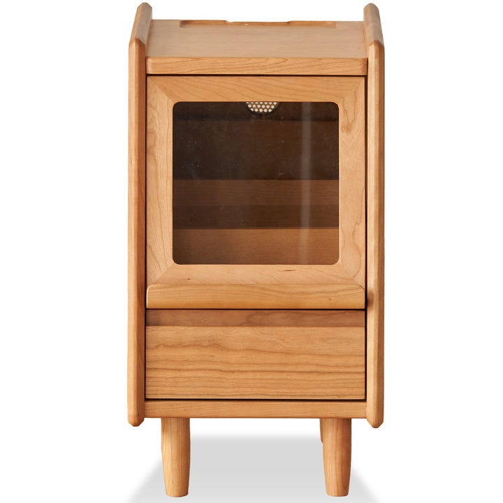 Scandinavian cherry wood side table shell in white background.