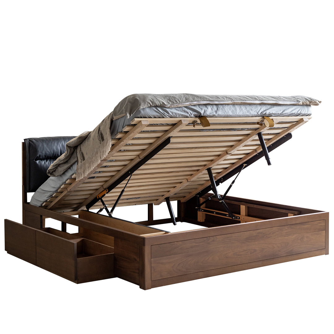 Vintage Walnut Wood Cushion Lift-Up Storage Bed With Drawer KANGAROO