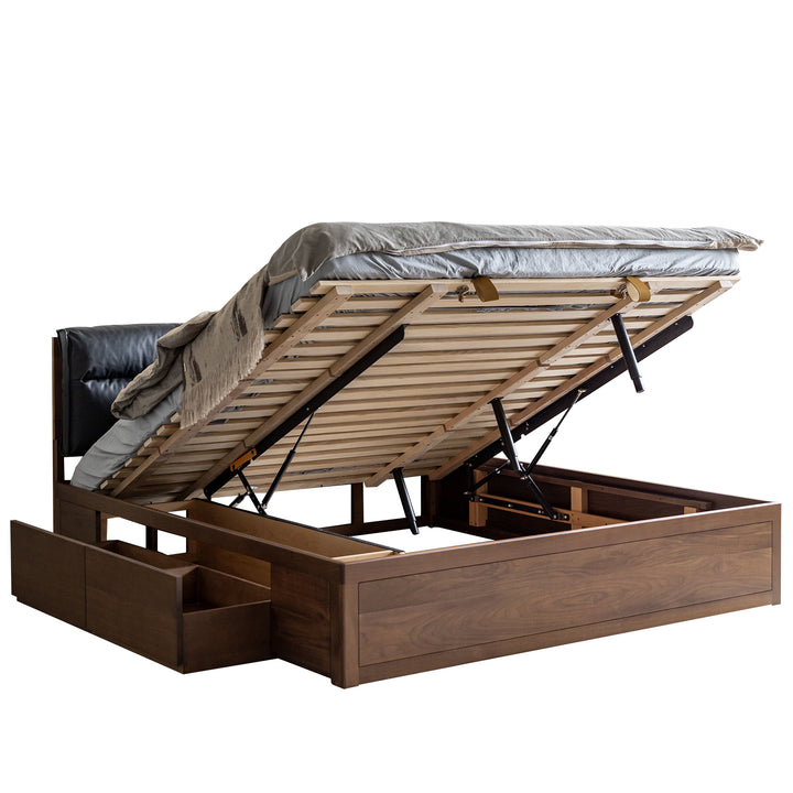 Vintage Walnut Wood Cushion Lift-Up Storage Bed With Drawer KANGAROO