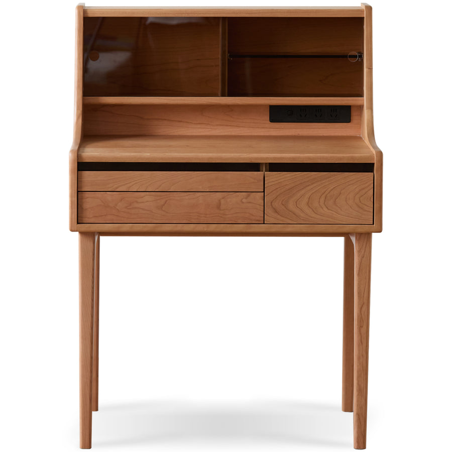 Scandinavian cherry wood dressing table floating vanity in white background.