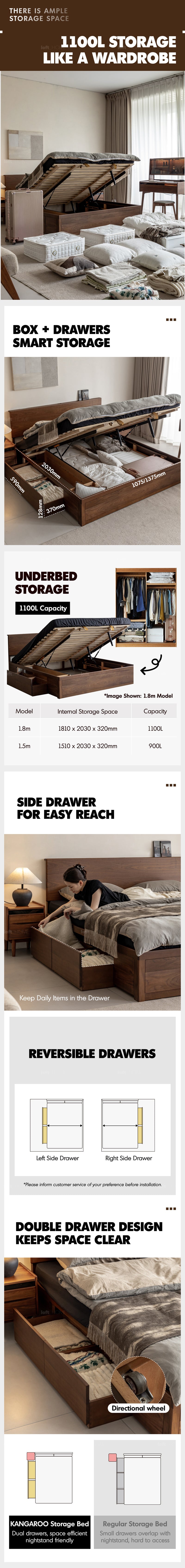 Japandi Walnut Wood Lift-Up Storage Bed With Drawer KANGAROO Good to Know - 2