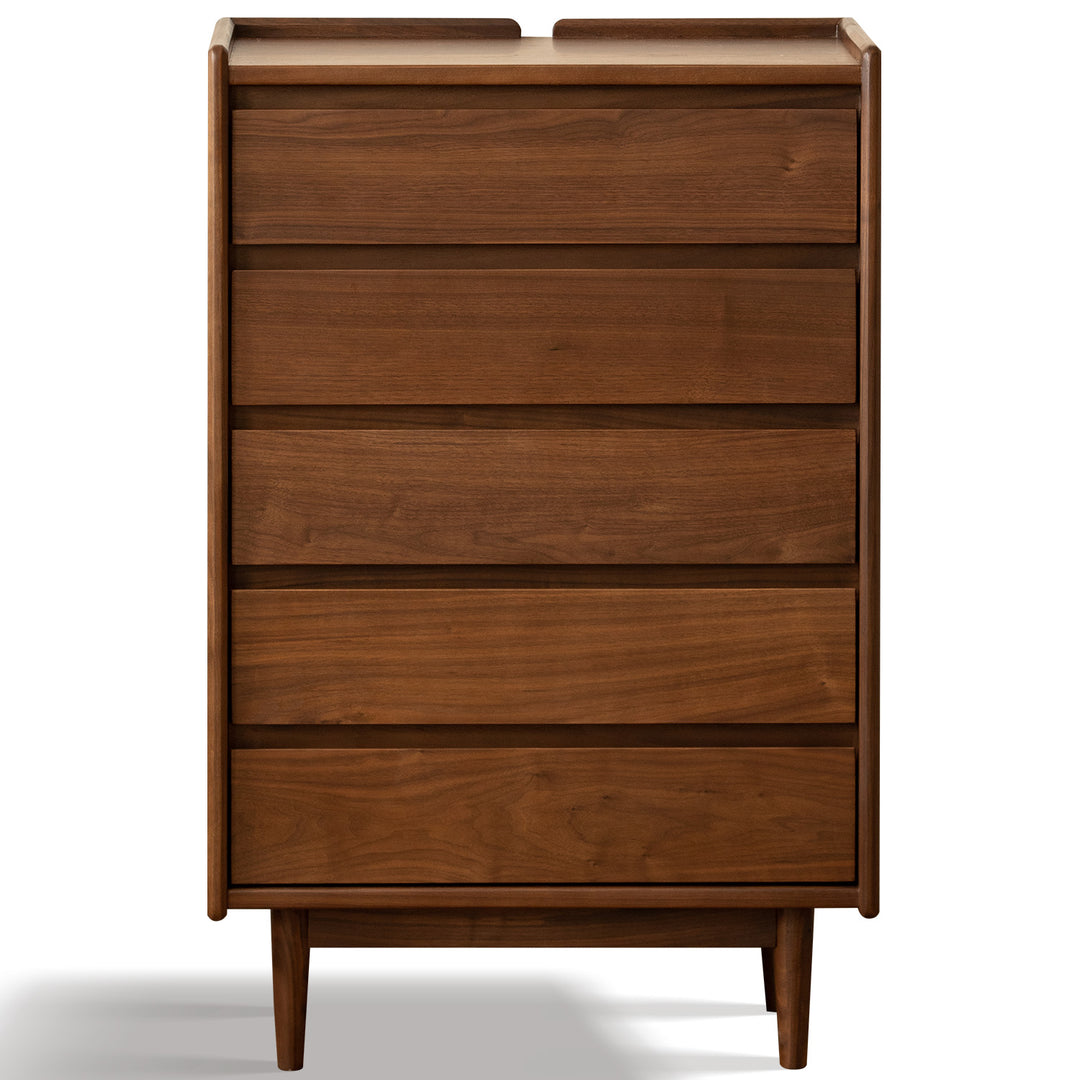 Vintage walnut wood chest of drawers vista in white background.