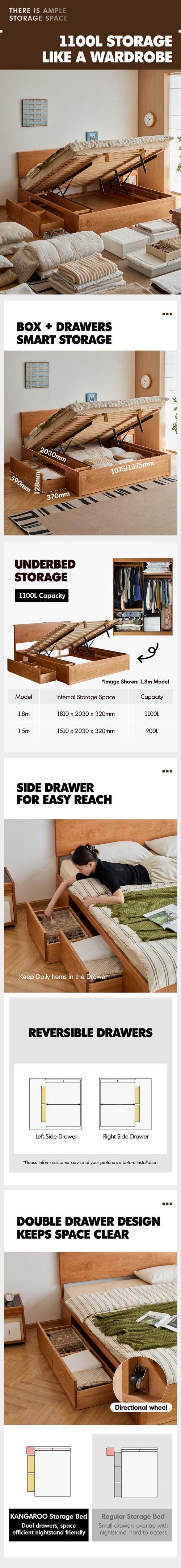 Scandinavian Cherry Wood Lift-Up Storage Bed With Drawer KANGAROO Good to Know Preview-2