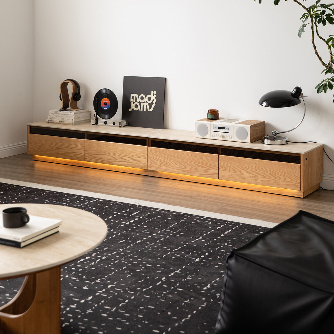 Scandinavian oak wood tv console floating light material variants.