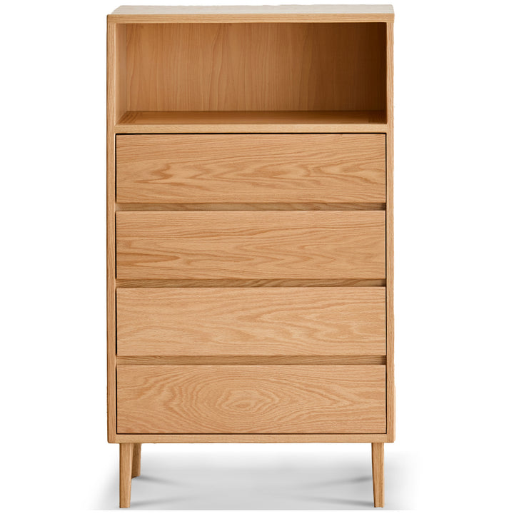 Scandinavian oak wood chest of 5 drawers floating light in white background.