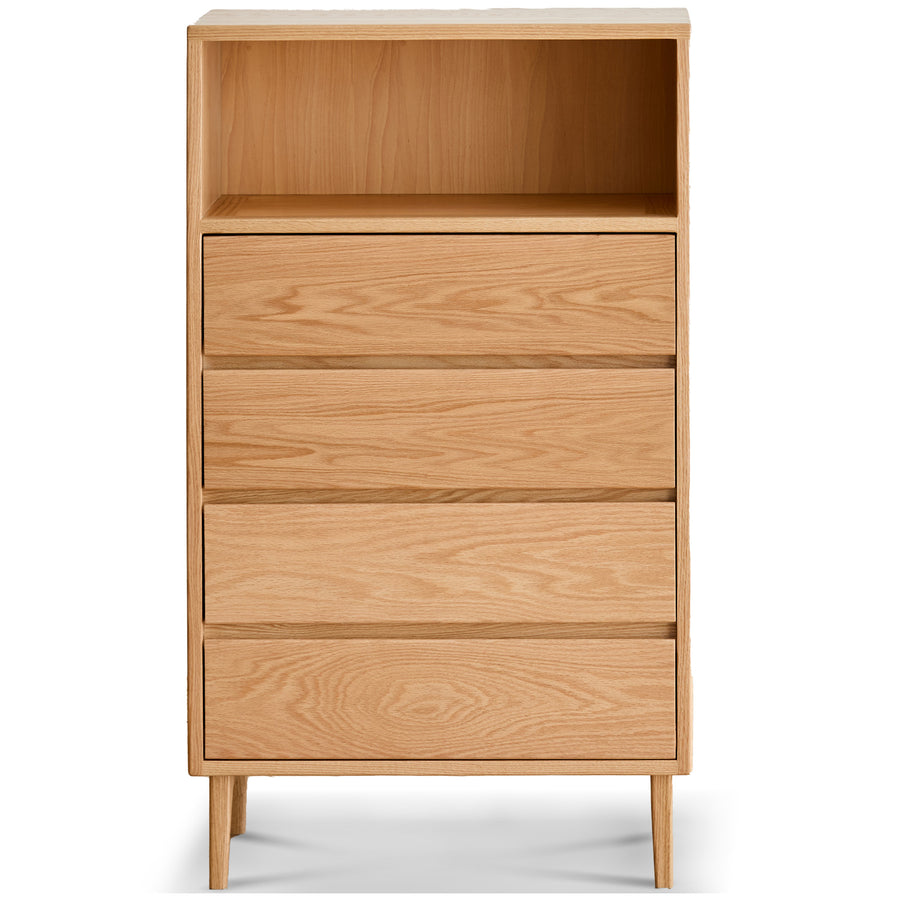 Scandinavian oak wood chest of 5 drawers floating light in white background.