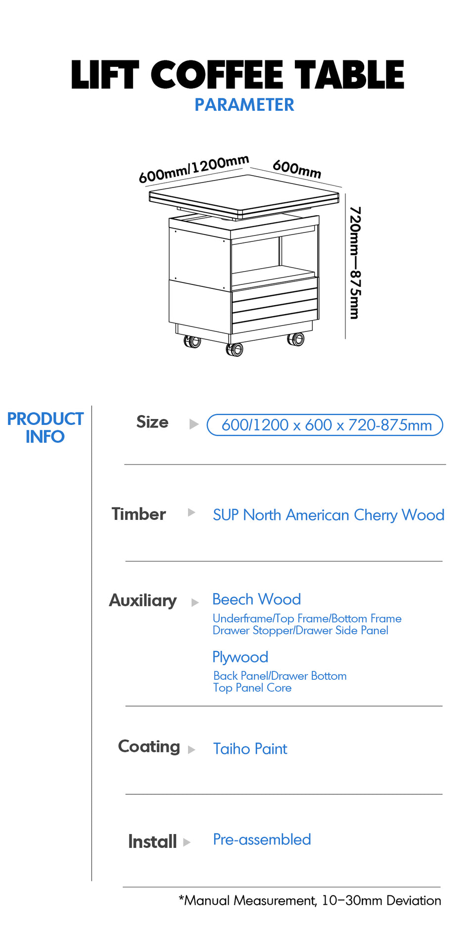 Scandinavian Cherry Wood Extendable Height Adjustable Coffee Table MIRROR LAKE More Details and Instruction_5