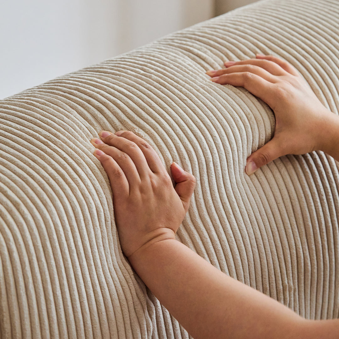 Scandinavian premium corduroy velvet fabric sofa cover in panoramic view.