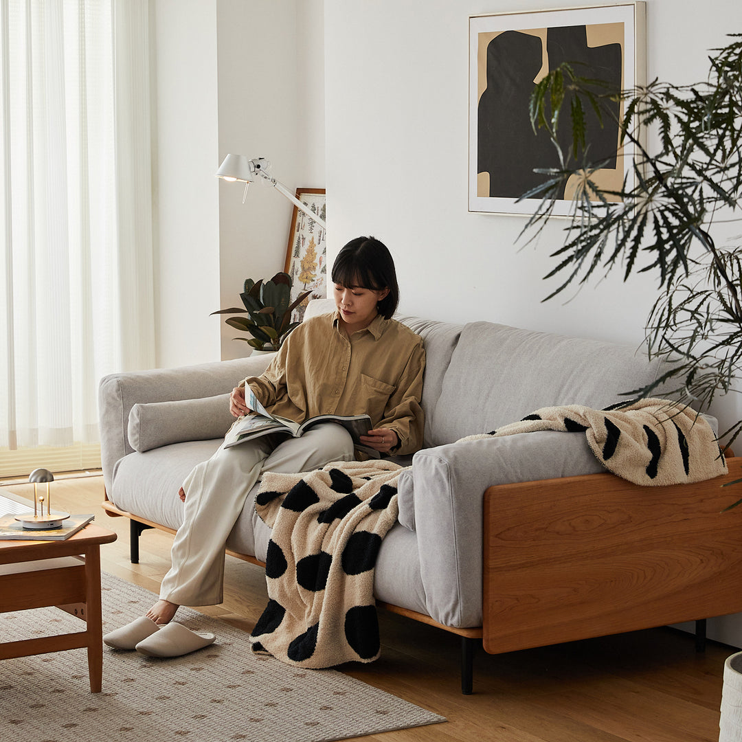 Scandinavian premium cotton fabric sofa cover in close up details.