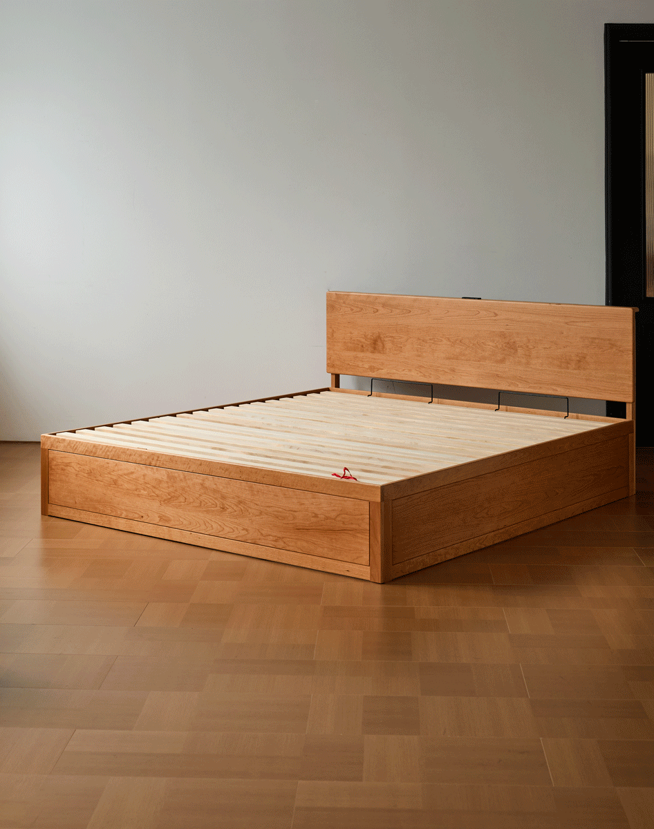 Scandinavian cherry wood lift-up storage bed with drawer kangaroo material variants.