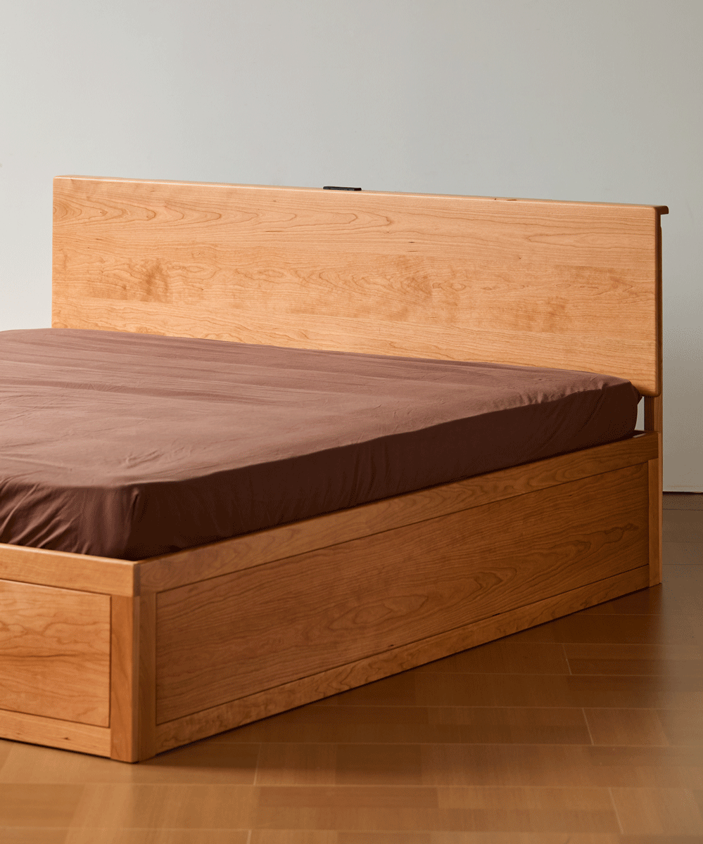 Scandinavian cherry wood lift-up storage bed with drawer kangaroo color swatches.