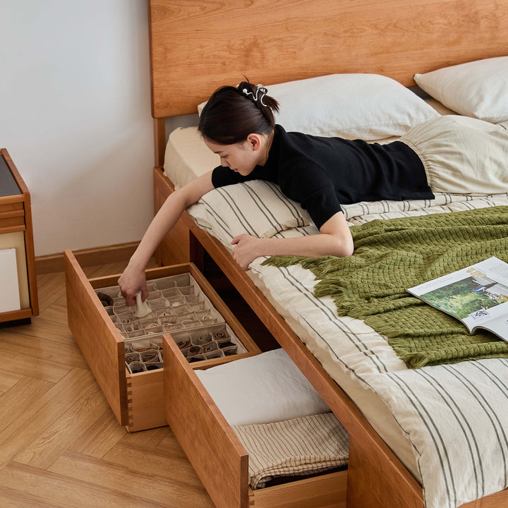 Scandinavian cherry wood lift-up storage bed with drawer kangaroo with context.