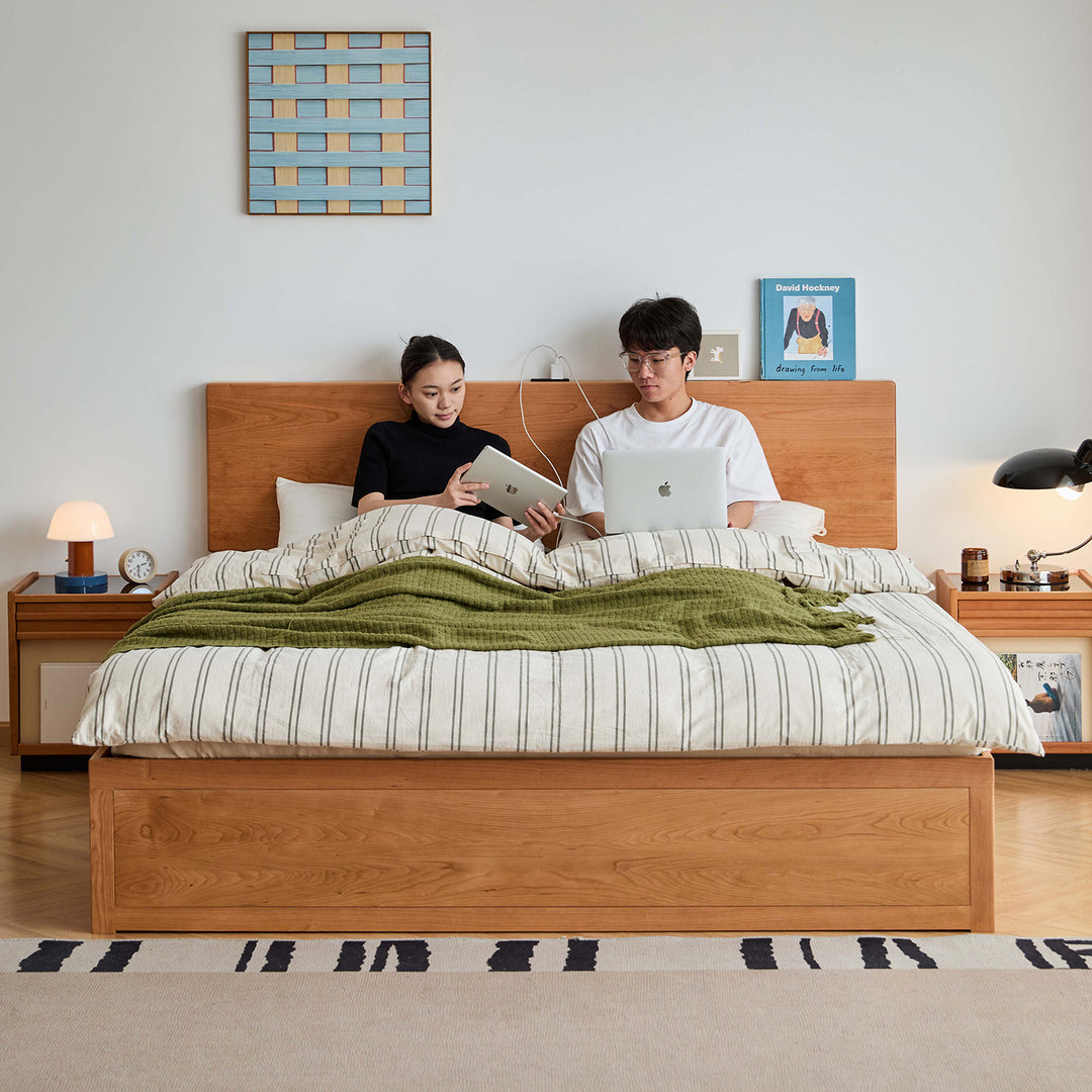 Scandinavian cherry wood lift-up storage bed with drawer kangaroo in details.