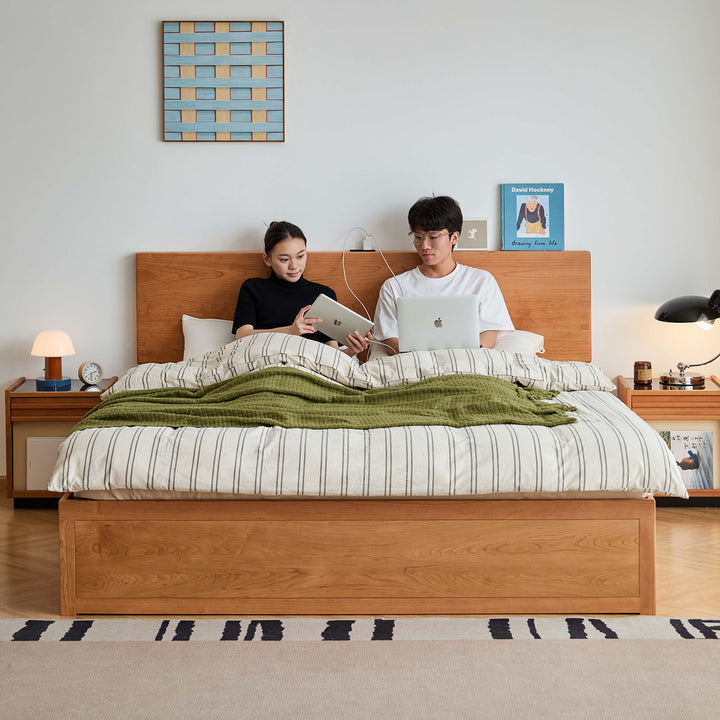 Scandinavian cherry wood lift-up storage bed with drawer kangaroo in details.