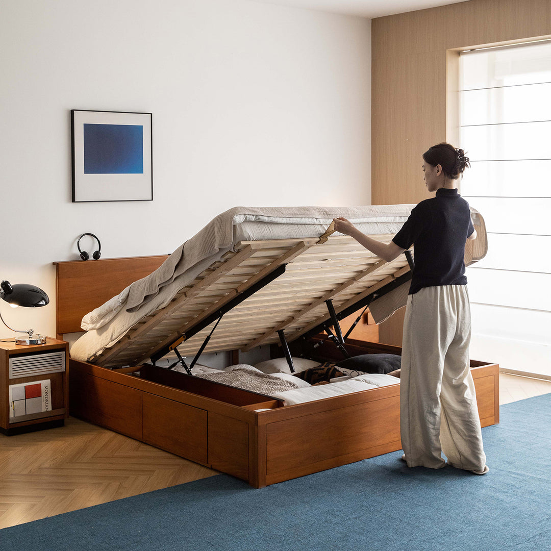 Vintage boxwood lift-up storage bed with drawer kangaroo material variants.
