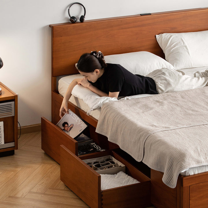 Vintage boxwood lift-up storage bed with drawer kangaroo in real life style.