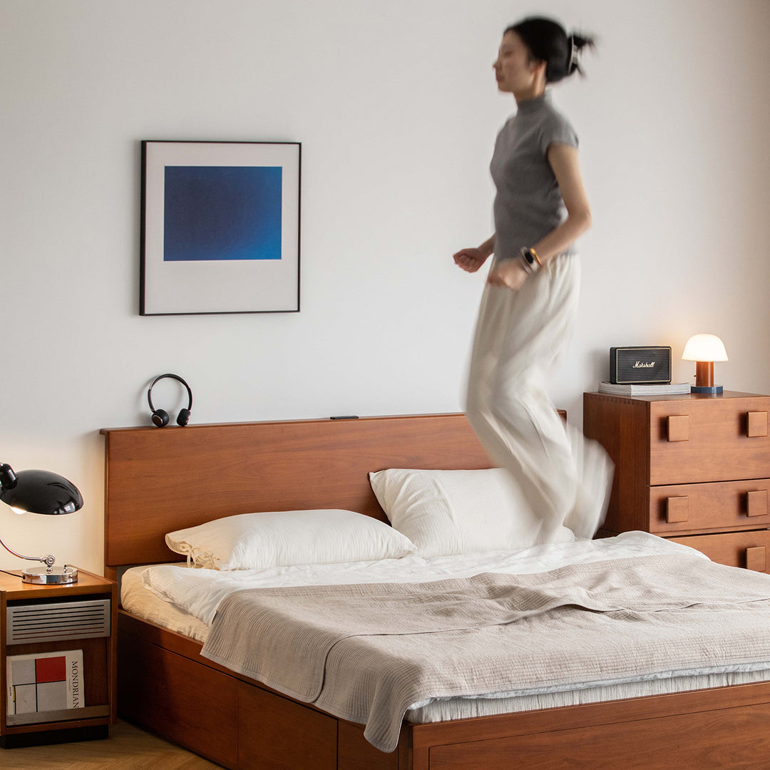 Vintage boxwood lift-up storage bed with drawer kangaroo with context.