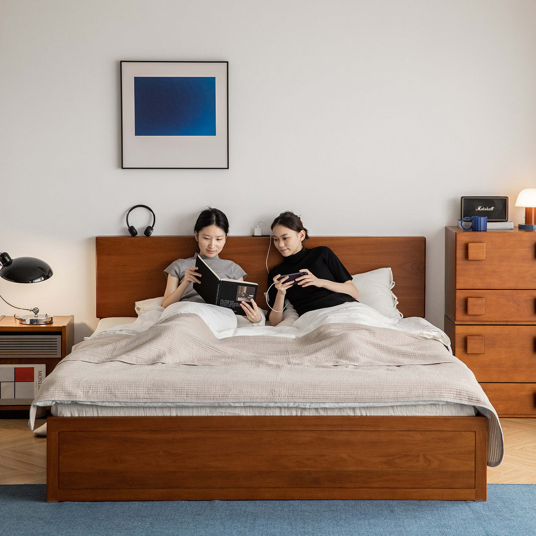 Vintage boxwood lift-up storage bed with drawer kangaroo in close up details.