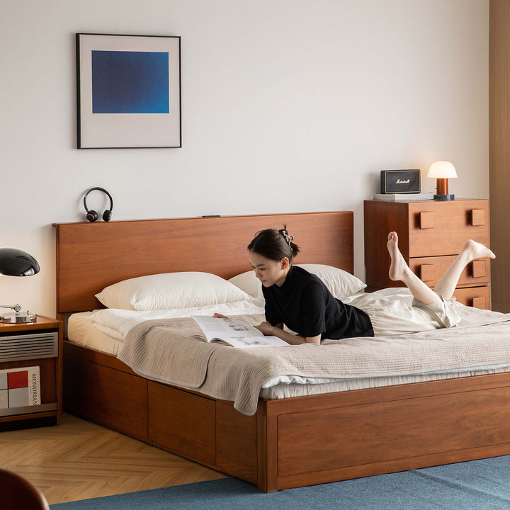 Vintage boxwood lift-up storage bed with drawer kangaroo in panoramic view.