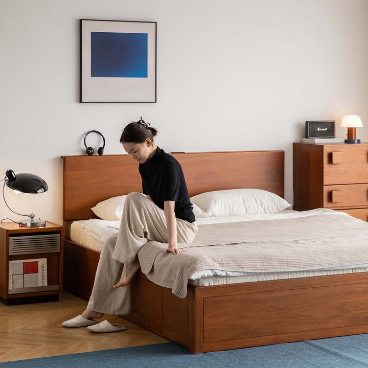 Vintage boxwood lift-up storage bed with drawer kangaroo in still life.