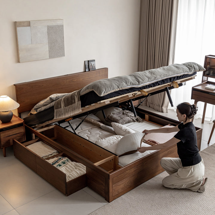 Vintage walnut wood lift-up storage bed with drawer kangaroo primary product view.